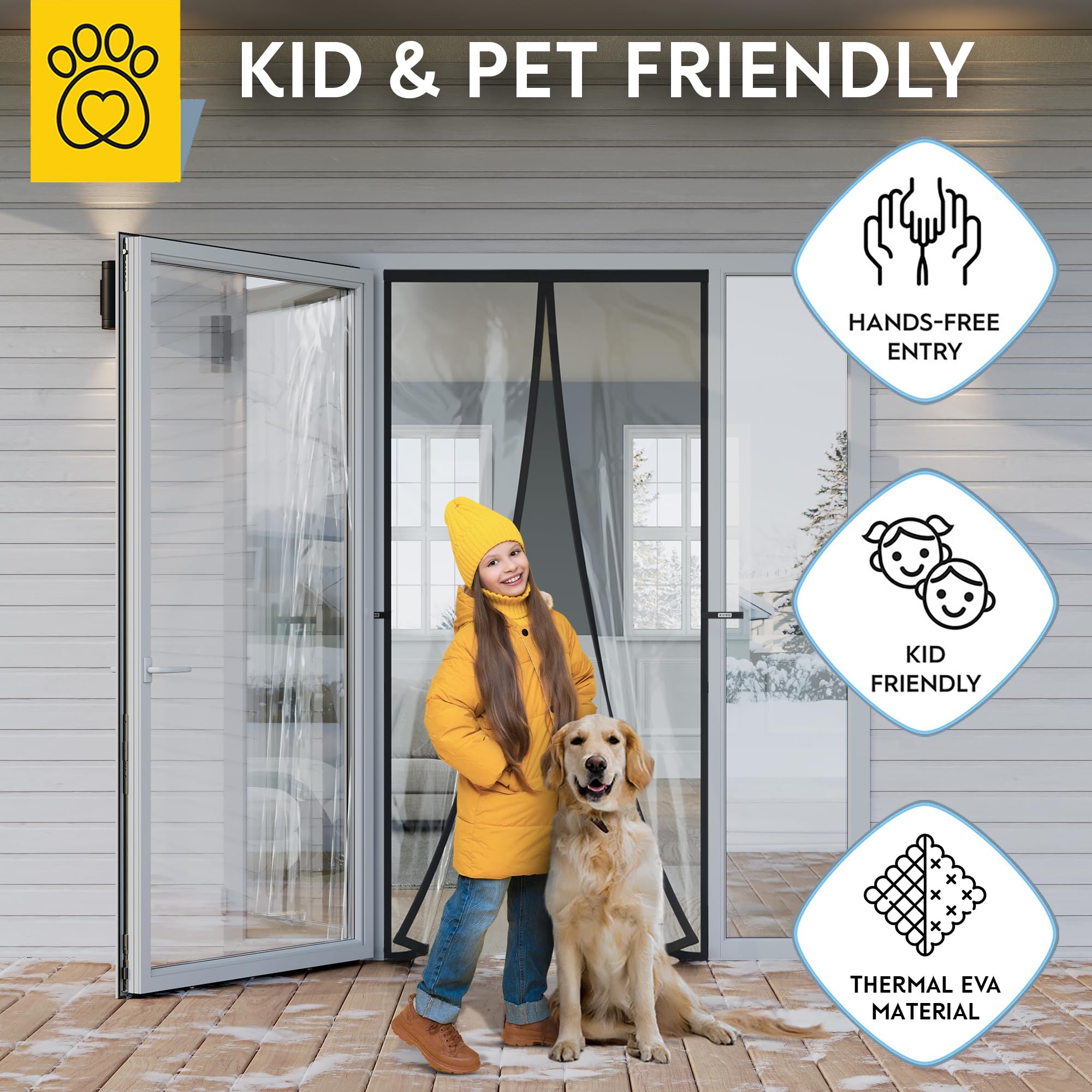 AUGO winterizing curtain suitable for exterior doors and interior entryways year-round.