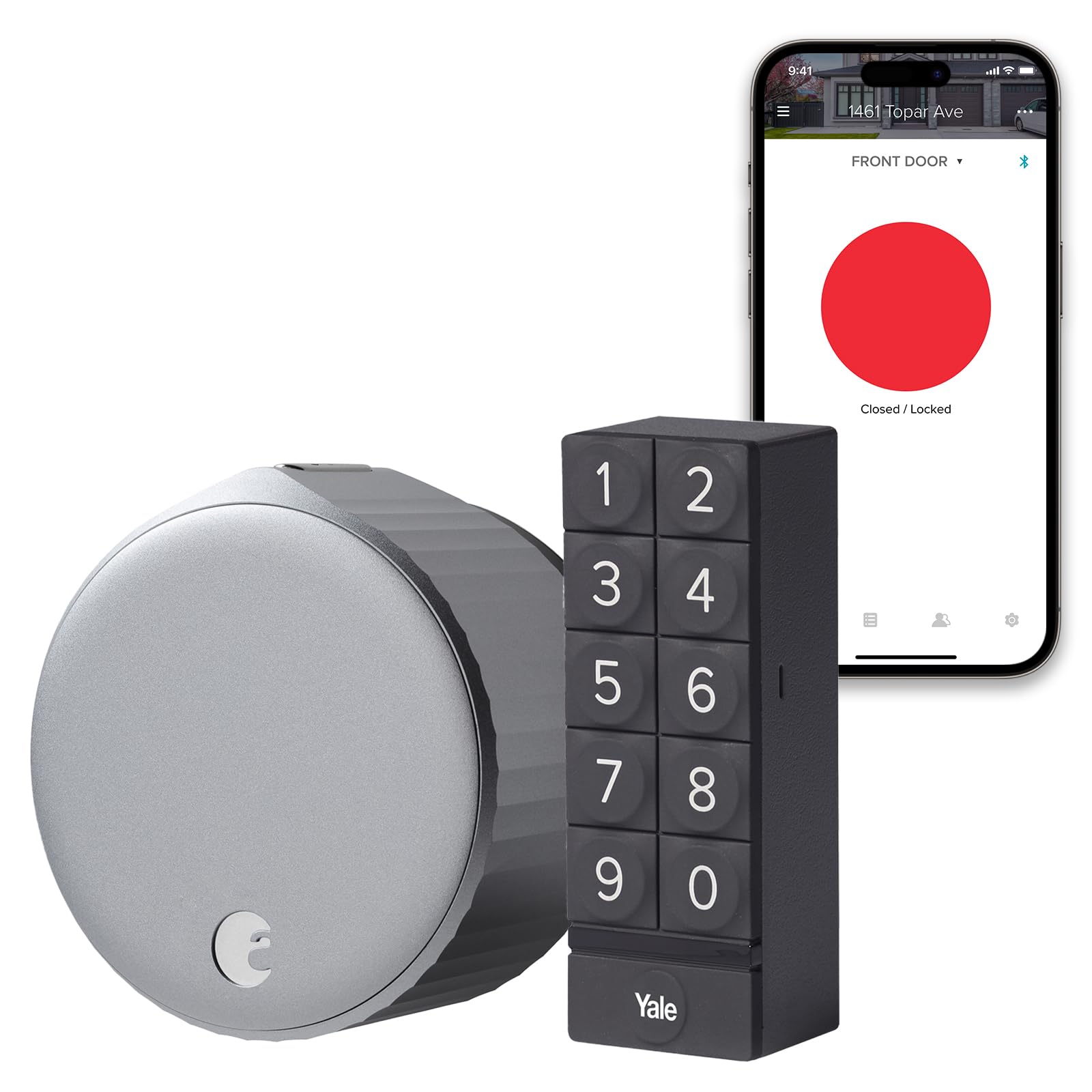 August Home silver Wi-Fi smart lock on door enables remote access and keyless entry.