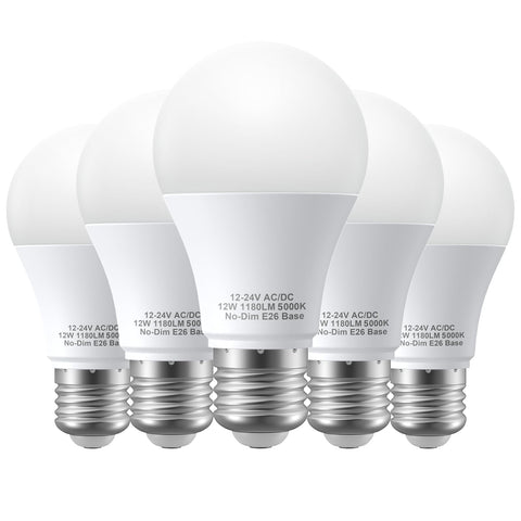 AUIOMUTO 12V LED bulb closeup highlighting 1050 lumens and 5000K daylight for clear visibility.