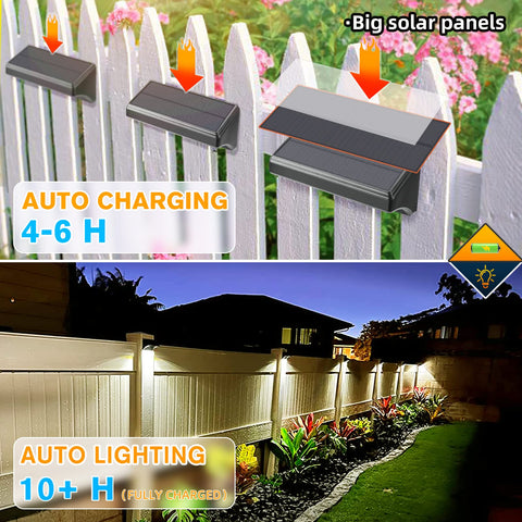 Aulanto solar fence light wall-mount showing wide fence and steps illumination.