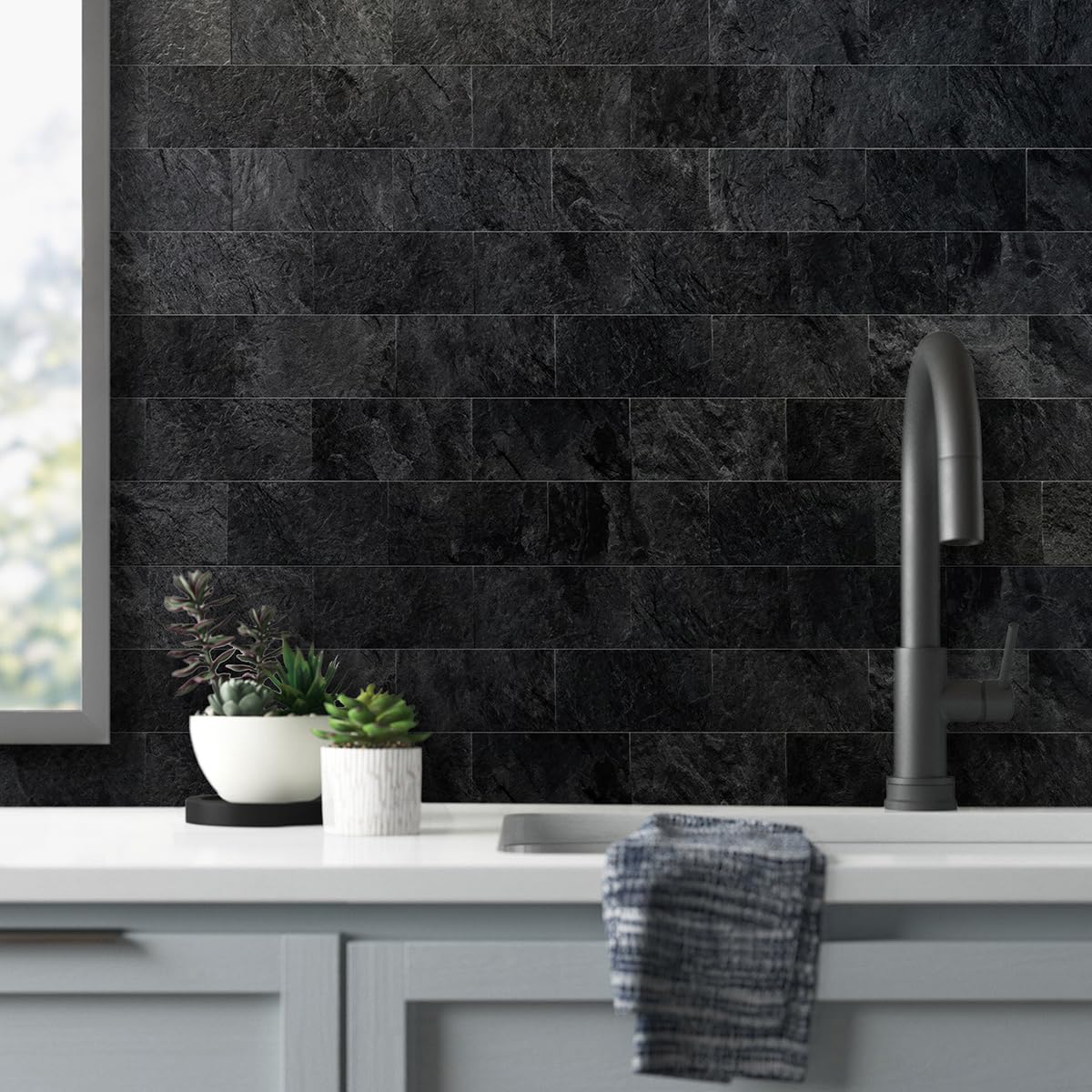 AULIGET Black Slate tile in bathroom wall with water resistance and simple maintenance.