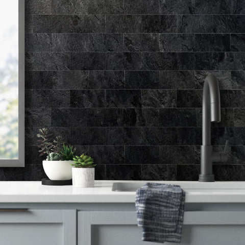 AULIGET Black Slate tile in bathroom wall with water resistance and simple maintenance.