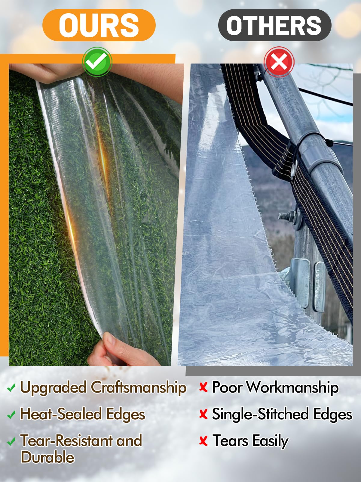 Aulock tarp shows thick PE material for strong weather resistance.