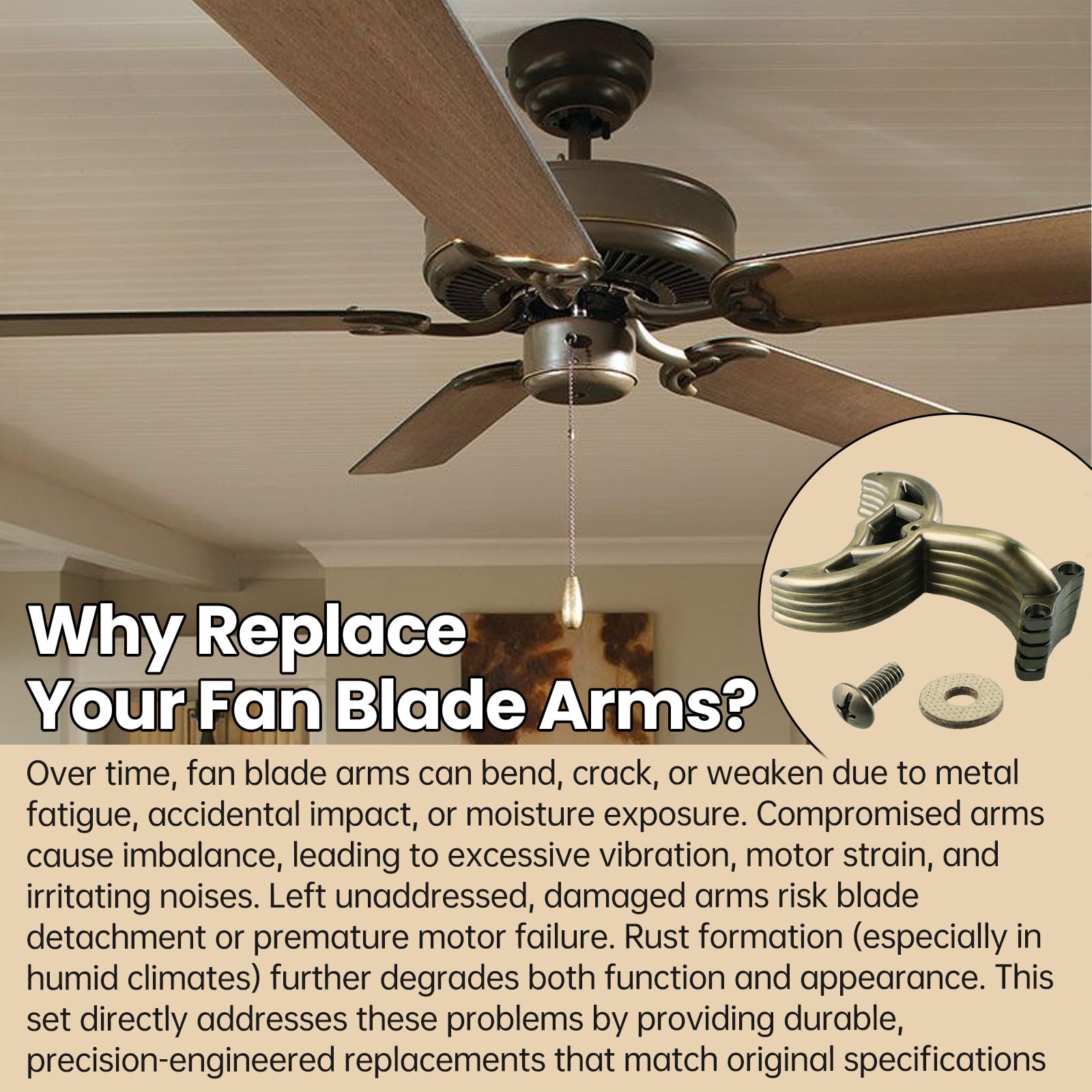 Renewed fan aesthetic with brass finish and restored overall look.