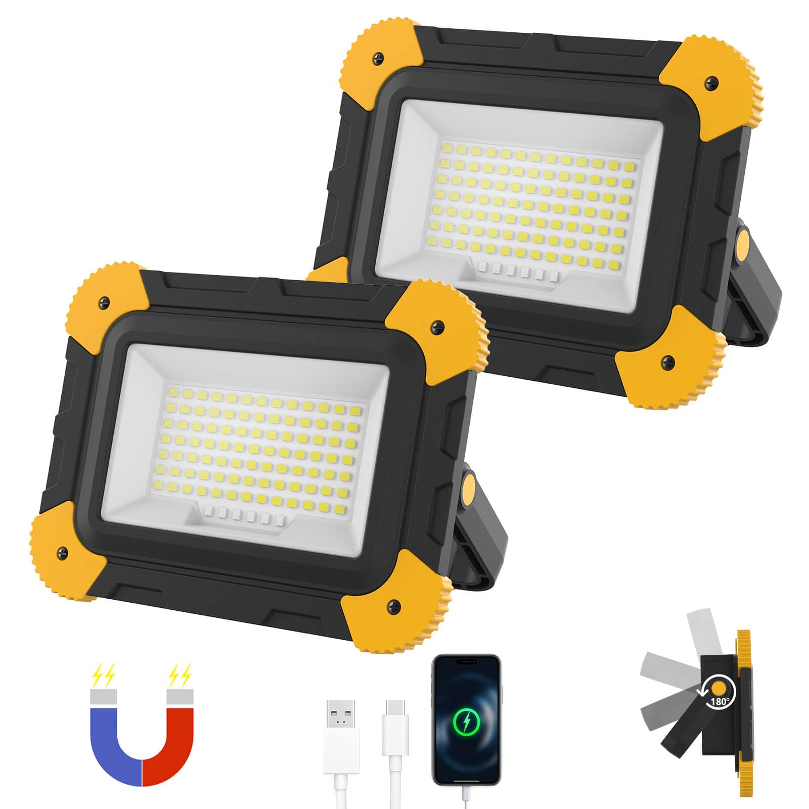 AUMIO 2-pack portable flood light main unit provides cordless brightness for job sites.