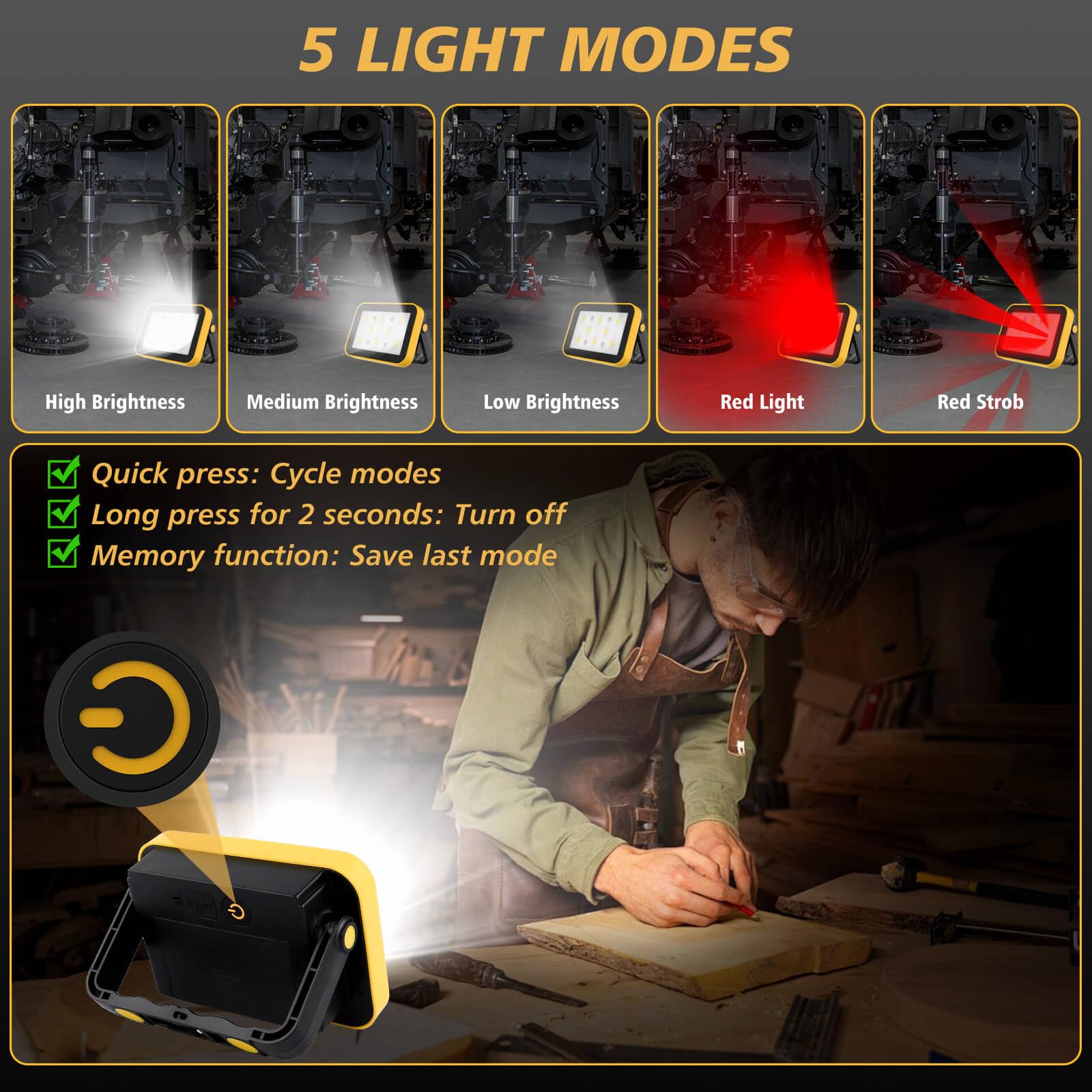 AUMIO work light with handle and hook for easy carrying and hanging.