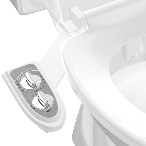 Aünsffer bidet attachment delivers frontal wash on a grey toilet for refreshed cleansing.