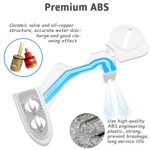 Aünsffer bidet attachment with self-cleaning nozzle on grey toilet.
