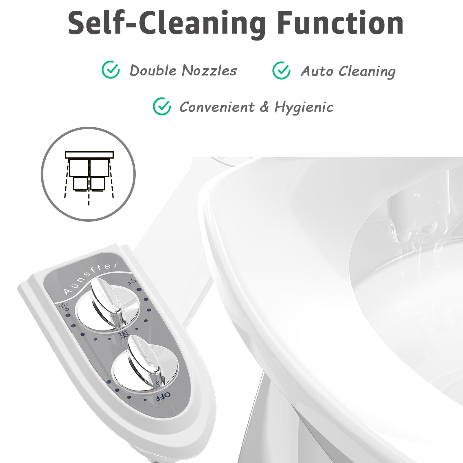 Aünsffer slim bidet attachment on grey toilet for unobtrusive fit.