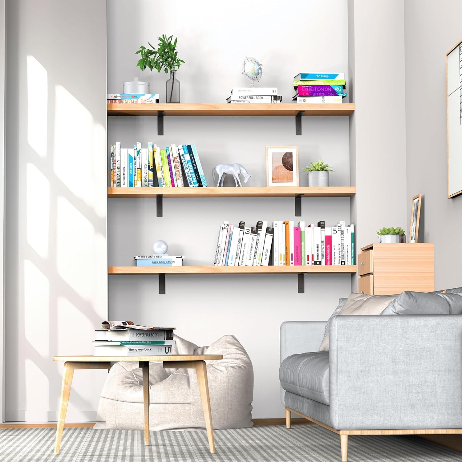 Aunulahca heavy-duty shelf brackets 10-inch installed on boards demonstrates strong support.