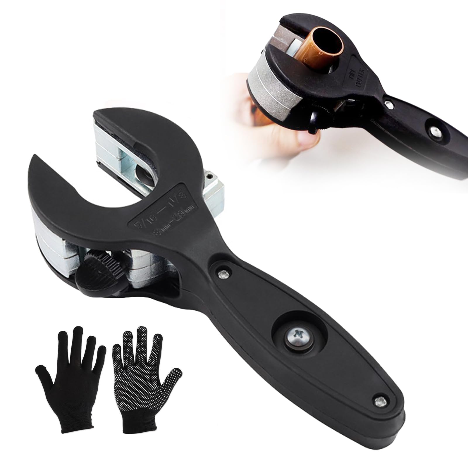 Auomuo ratcheting tubing cutter in close quarters cutting PVC pipe.