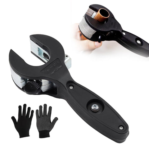 Auomuo ratcheting tubing cutter in close quarters cutting PVC pipe.