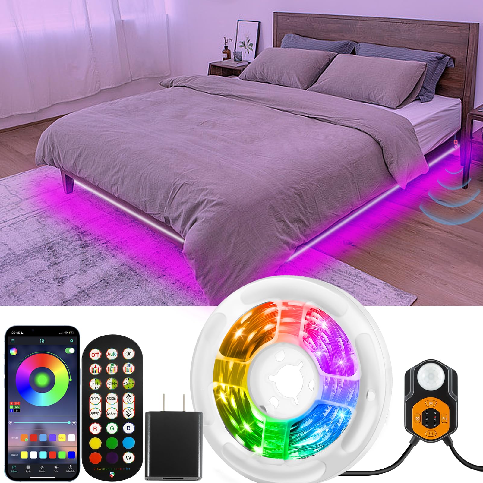 Auplf motion sensor LED strip under-bed setup for easy nighttime visibility