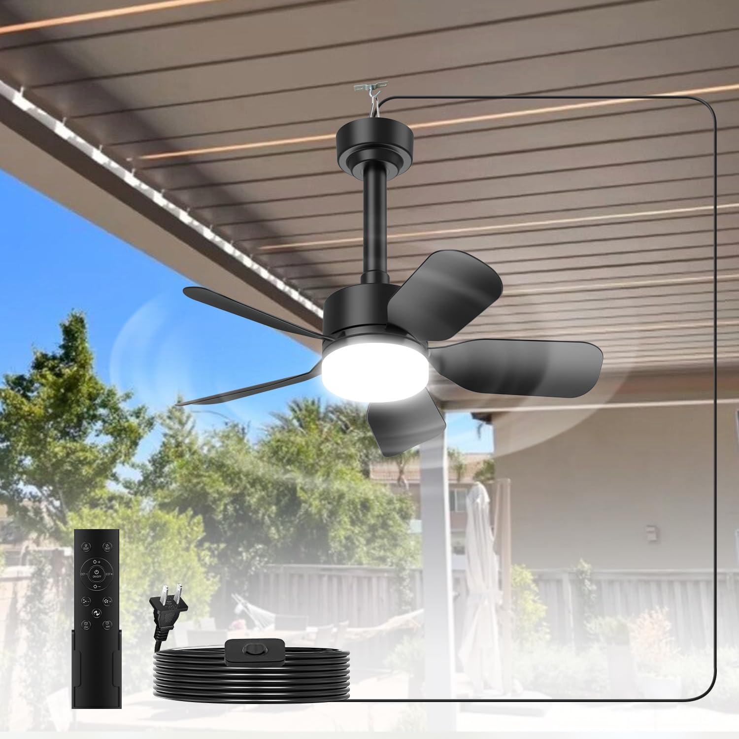 Aupuslite 20-inch ceiling fan with light and remote for easy setup in patios and tents.