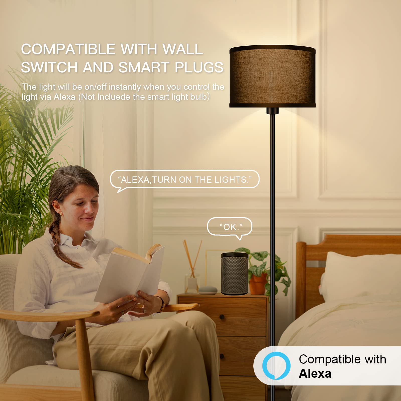 AUQUEE reading corner lamp creates an inviting ambiance beside sofas and chairs.