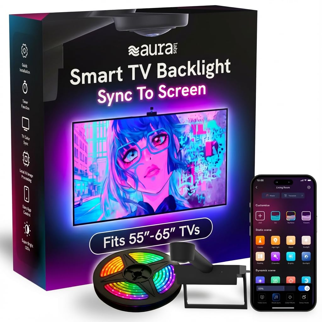 Aura Labs Aura TV Backlight with camera-based color mirroring for immersive viewing.