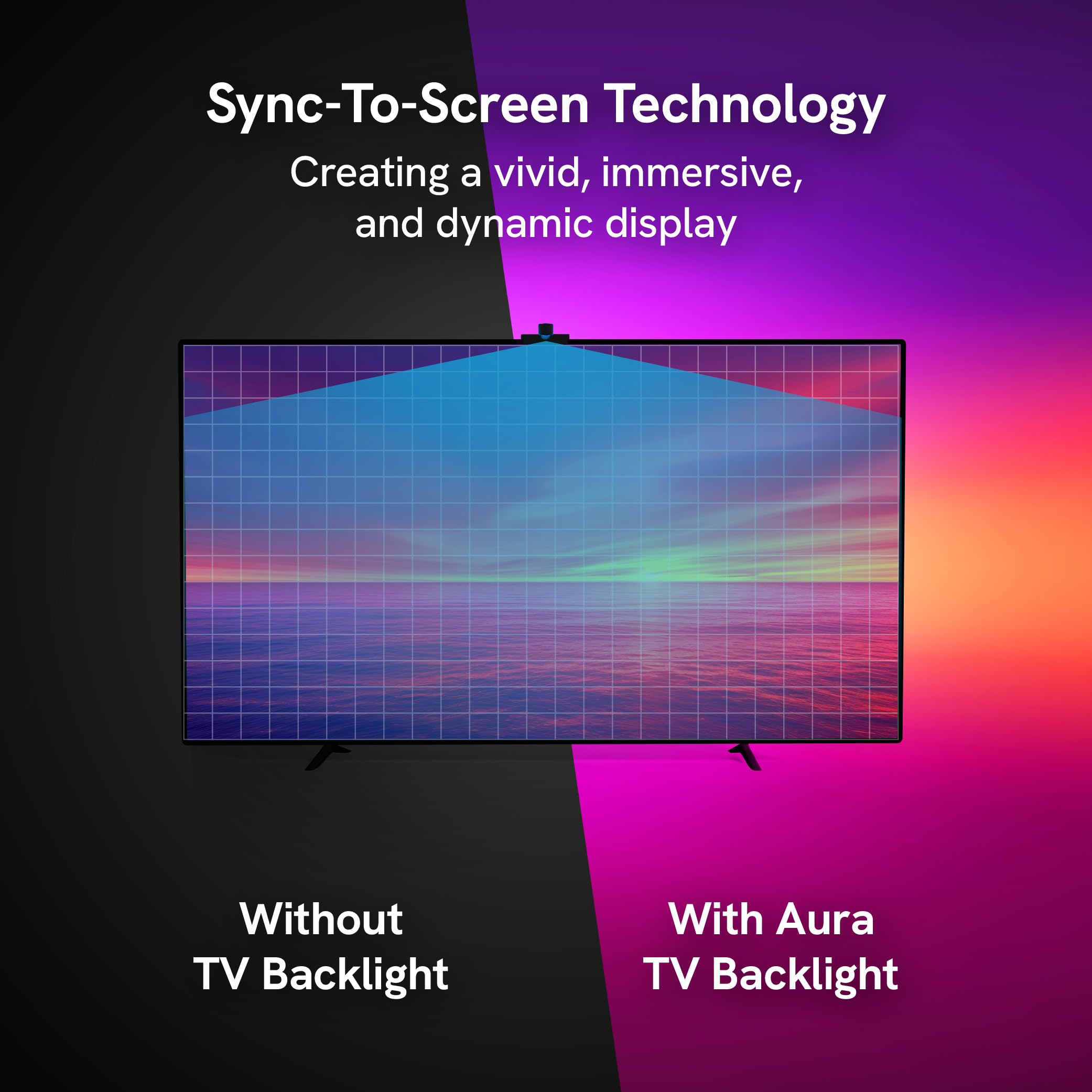 Aura Labs LED strip displays dynamic colors to enhance room ambience.