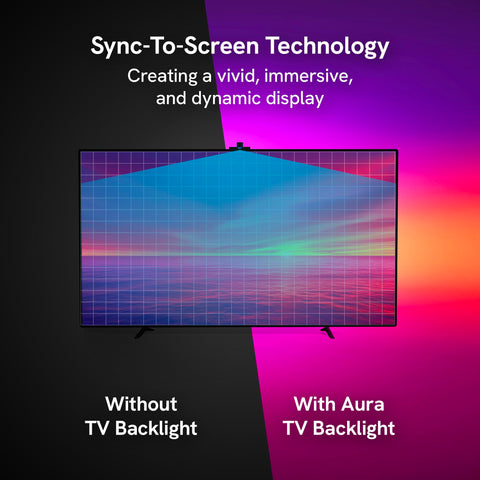 Aura Labs LED strip displays dynamic colors to enhance room ambience.