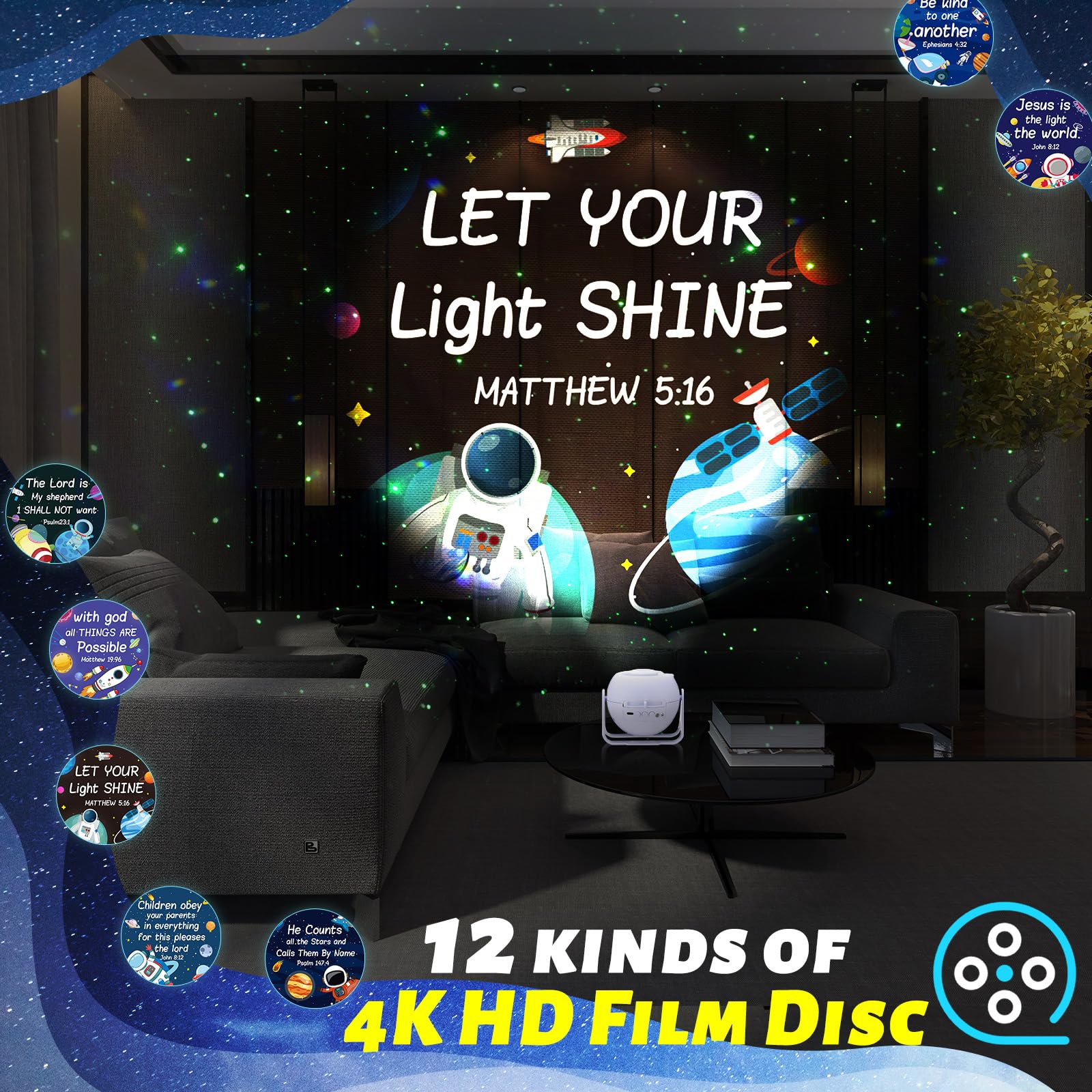 Aurelema Bible Verses Projector offers blue, yellow and white lighting for ambience