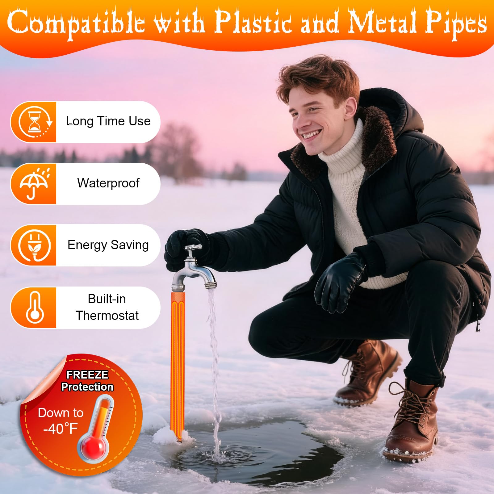 Aurelema orange exterior heat tape along outdoor pipe for rugged outdoor use