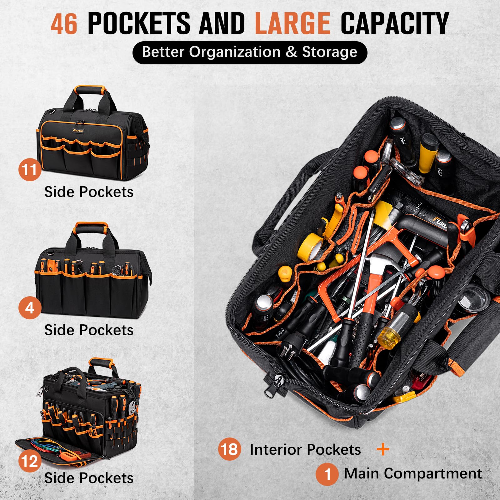 AUROPEAK 46-pocket tool bag exterior pockets keep essentials within reach.