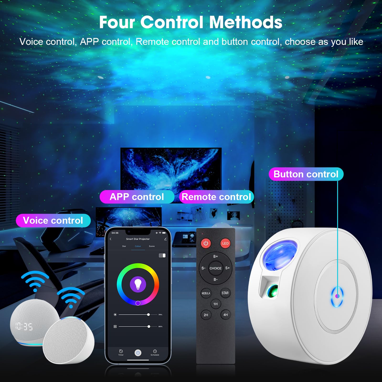 Aurviv Starry Sky Projector supports voice control for hands-free operation.