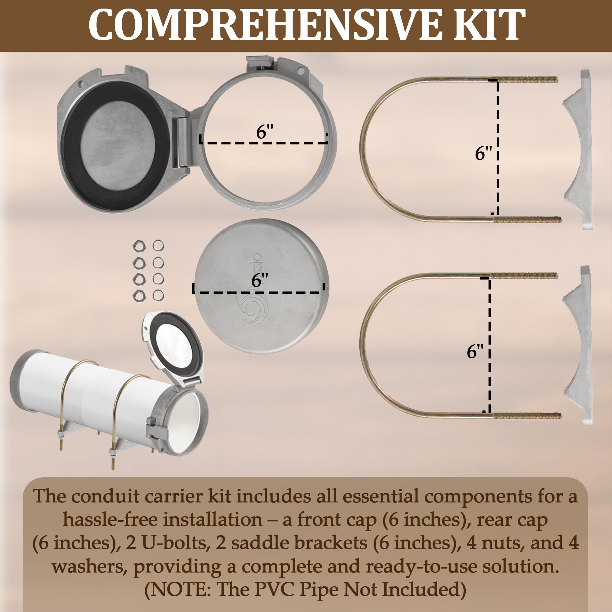 Aussio conduit carrier kit rear cap 6in locks pipes in place