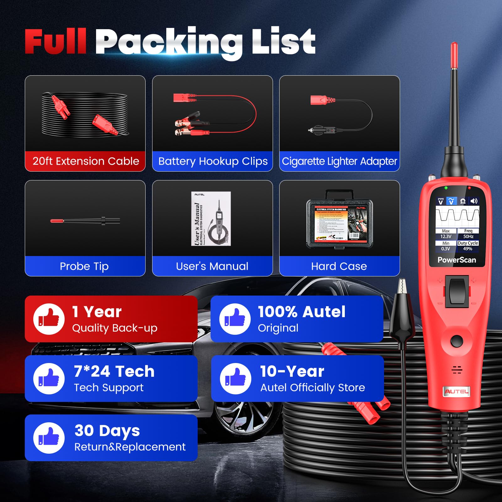 Autel PowerScan built‑in flashlight aiding inspection in dark engine bays.