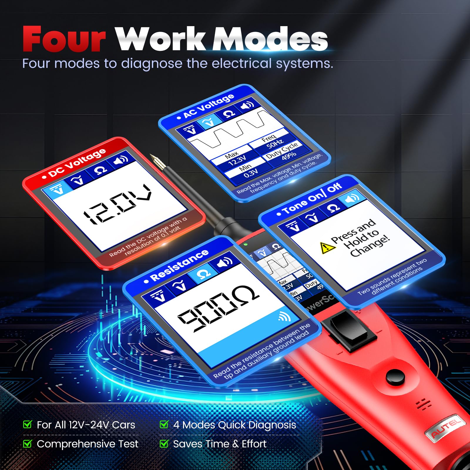 Autel PowerScan in DC voltage mode delivering precise voltage readings.