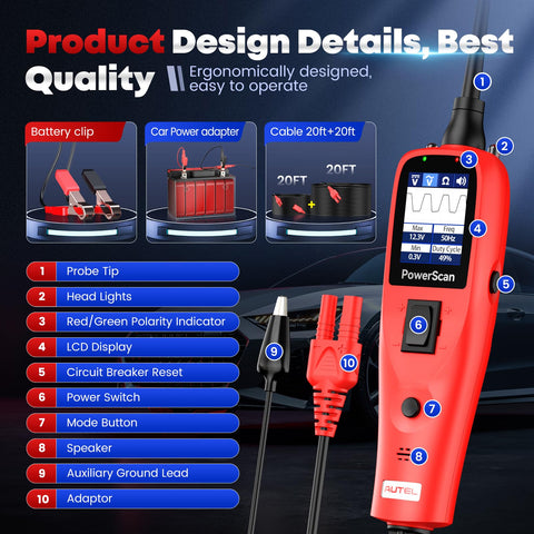 Autel PowerScan polarity identification using LEDs and beeps for quick guidance.