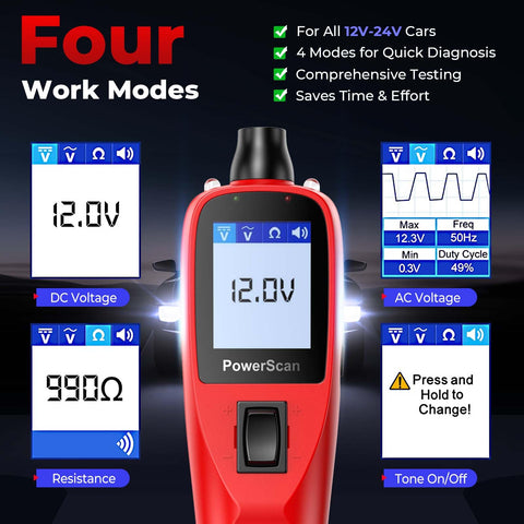 Autel PowerScan polarity indicator in action signaling positive or negative connections.