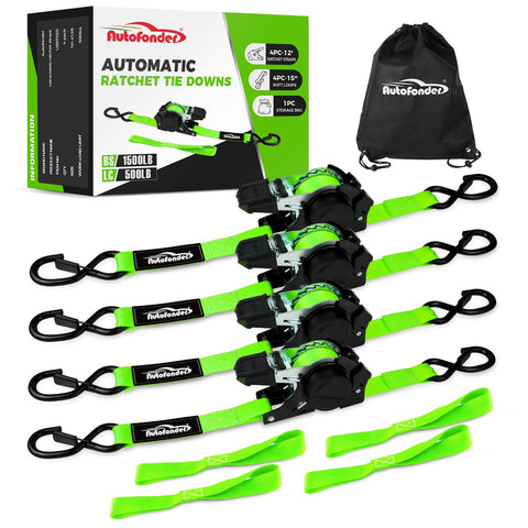 Autofonder retractable ratchet strap in use secures cargo with smooth, tangle-free tension.