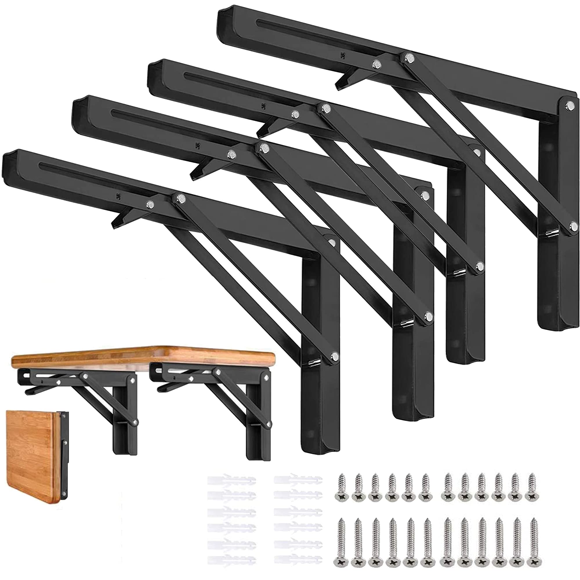 AutoHJ folding bracket on wall with board for space-saving storage.