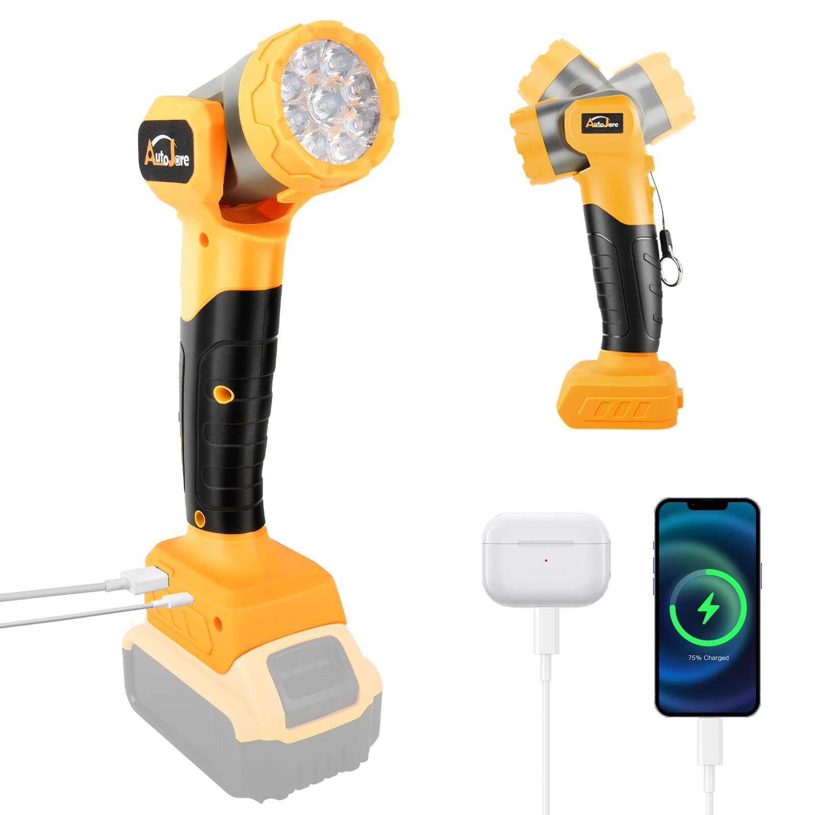 AUTOJARE LED flashlight with Dewalt 20V compatibility delivers broad spot illumination for workshops.