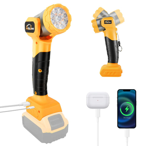 AUTOJARE LED flashlight with Dewalt 20V compatibility delivers broad spot illumination for workshops.