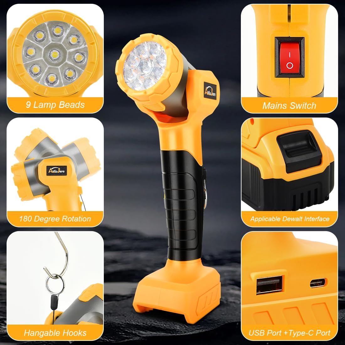 Durable AUTOJARE LED light in PC body withstands rough job-site use and outdoor camping.