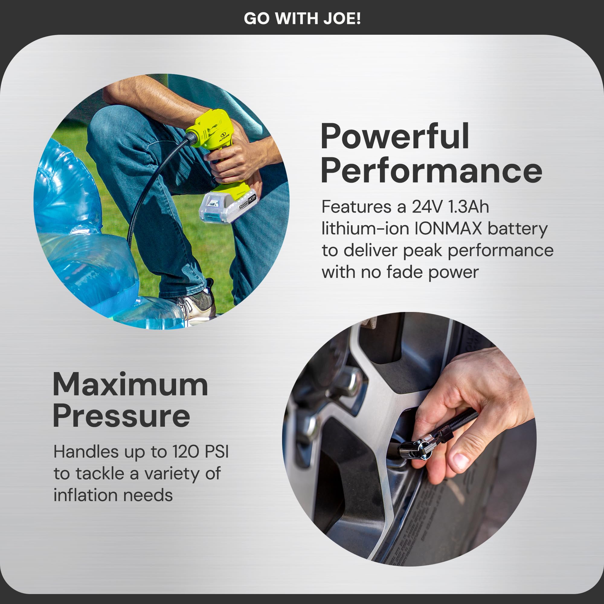 Auto Joe 24V AJC-MAX charger shown for easy recharging between uses.