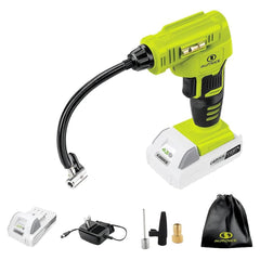 Auto Joe 24V AJC-MAX inflator shown beside a car tire for quick on-the-go inflation.