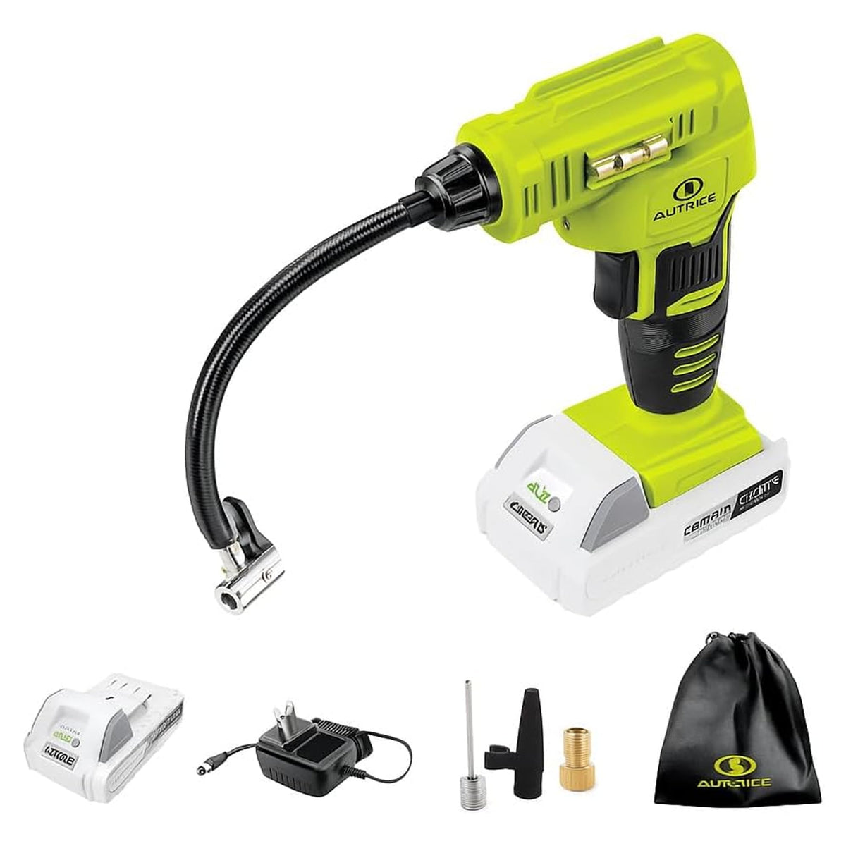 Auto Joe 24V AJC-MAX inflator shown beside a car tire for quick on-the-go inflation.
