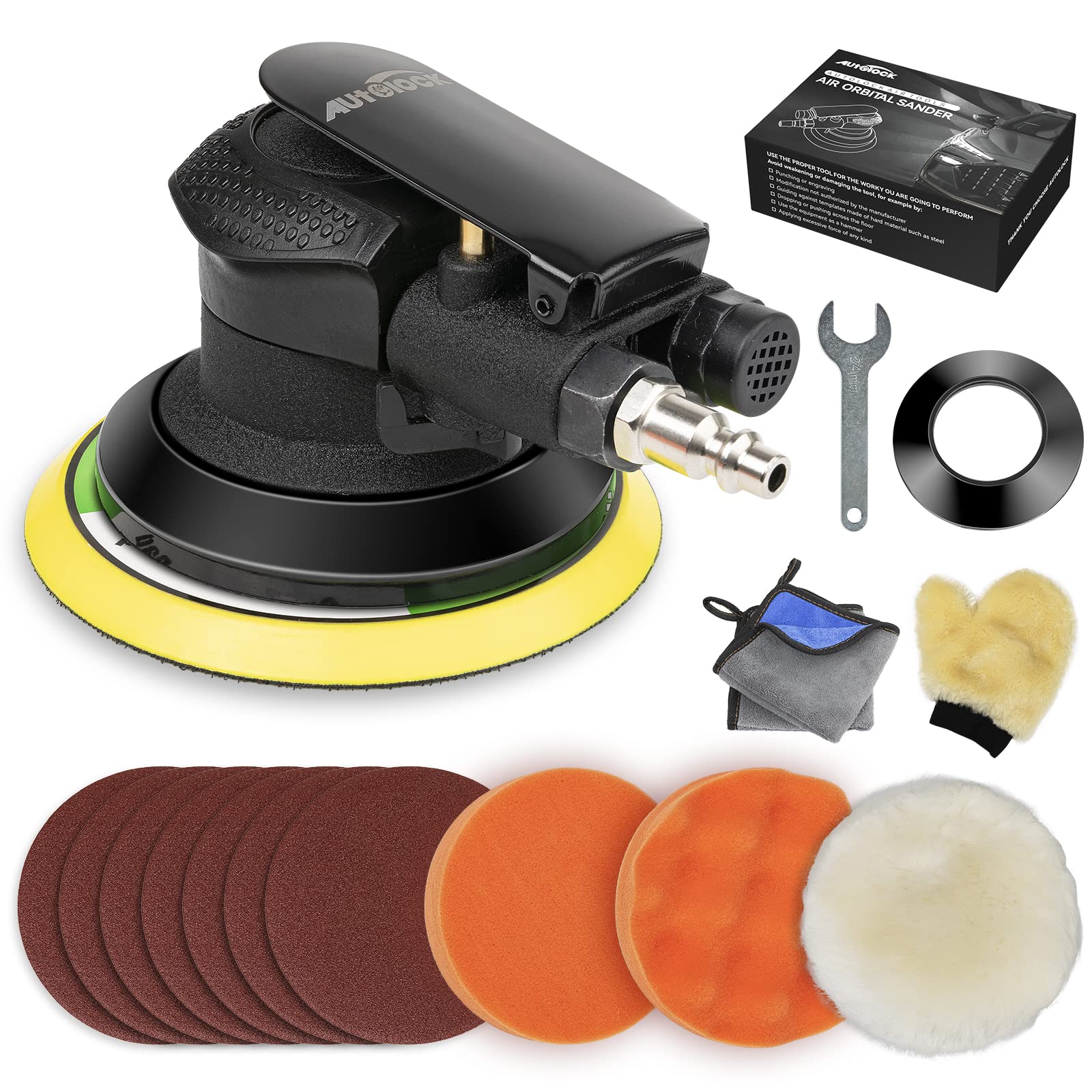 Autolock 5-Inch air sander held in hand for precise control.