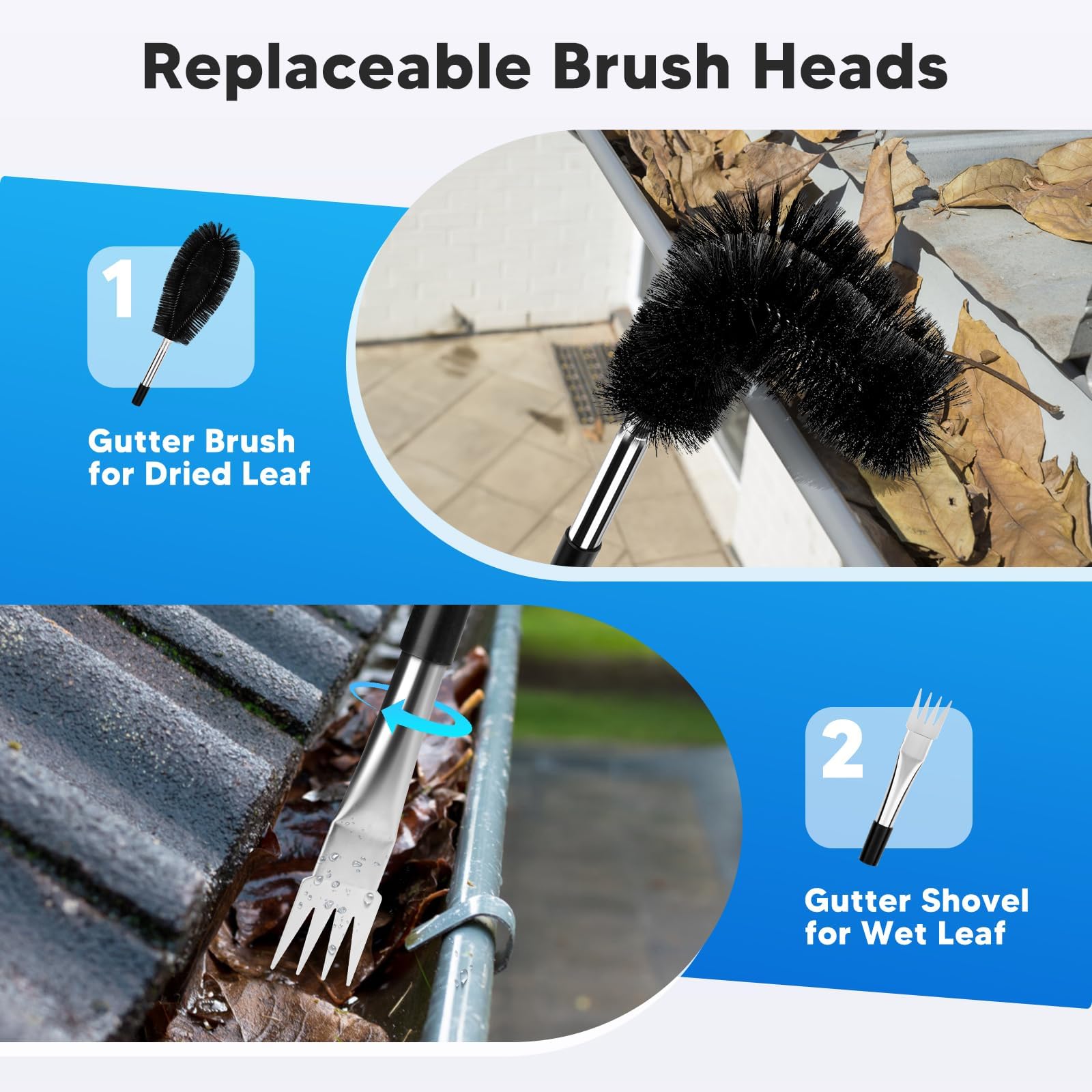 Automiim interchangeable brush and scoop tackle dry leaves and wet buildup.