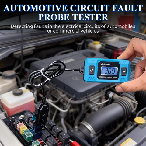 Automotive Circuit Fault Probe Tester blue backlit screen improves visibility in dim conditions.