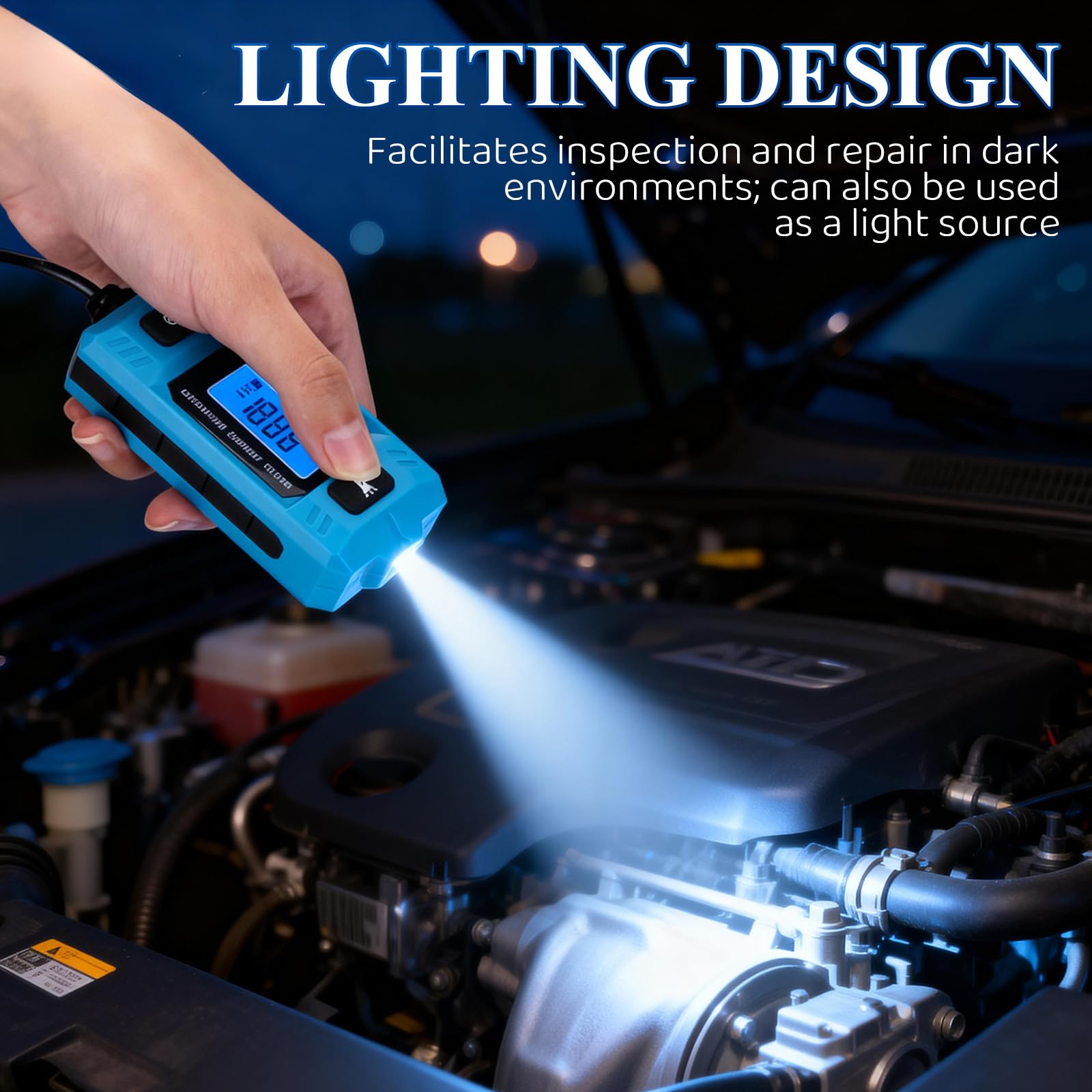 Automotive Circuit Fault Probe Tester front light illuminates work area during low-light diagnostics.