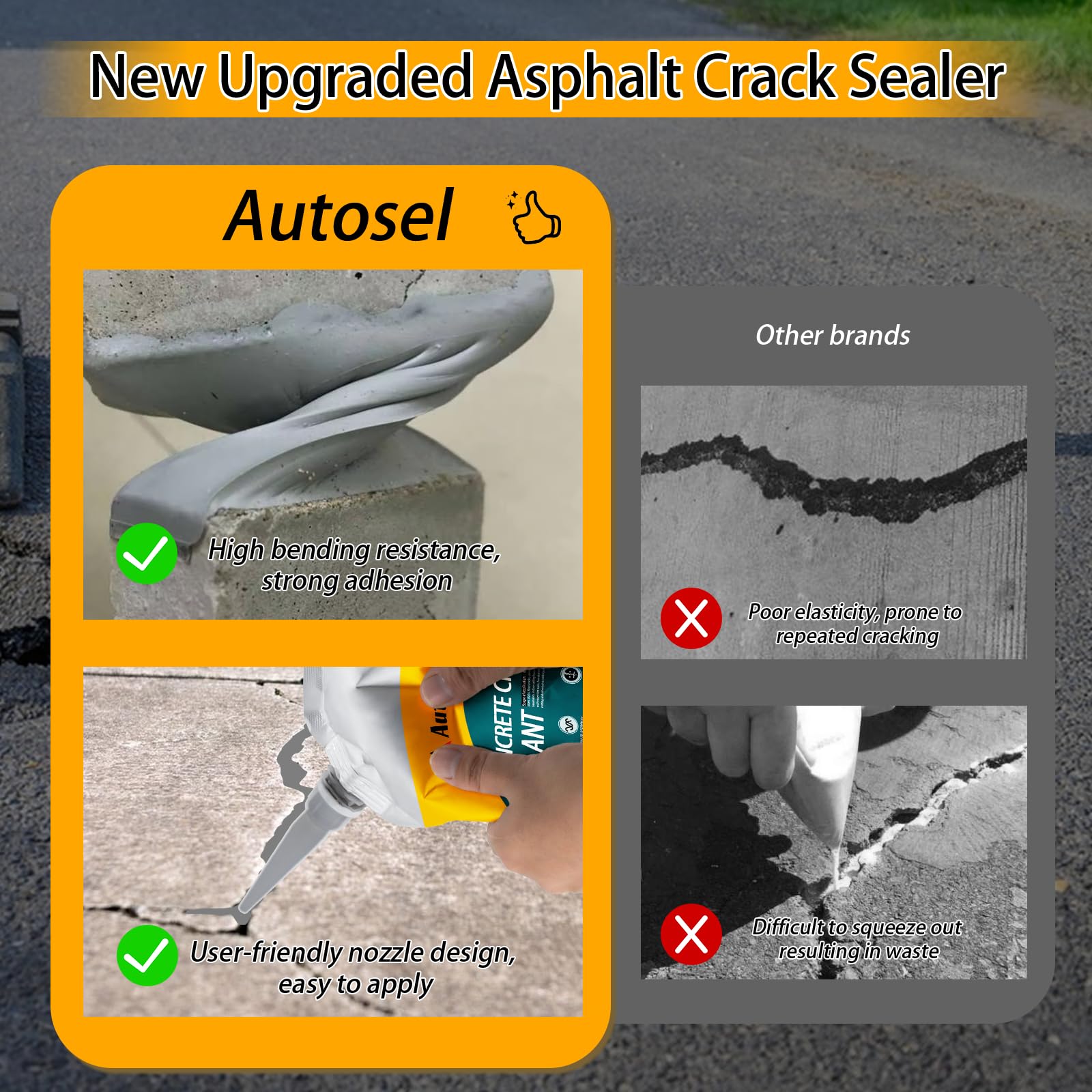 Autosel crack filler bonded to asphalt and brick for durability