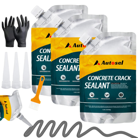 Autosel concrete crack filler 3-pack applying seal to a driveway crack for quick repair