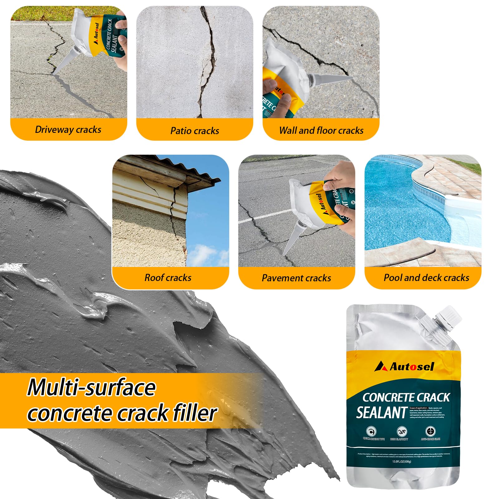 Autosel crack filler ready for driveway and sidewalk use with durable finish.