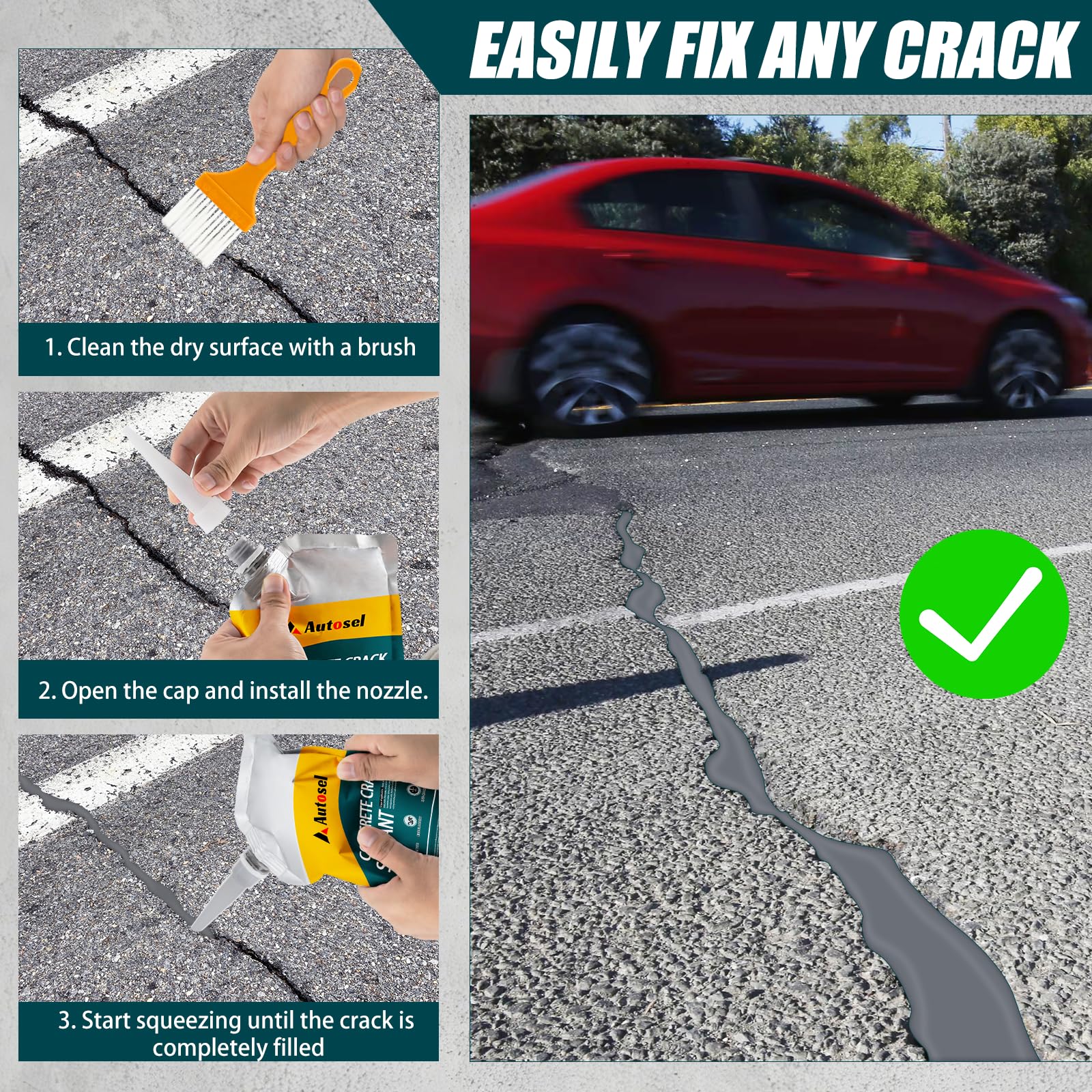 Autosel multi-surface filler works on concrete, asphalt, brick, and tile