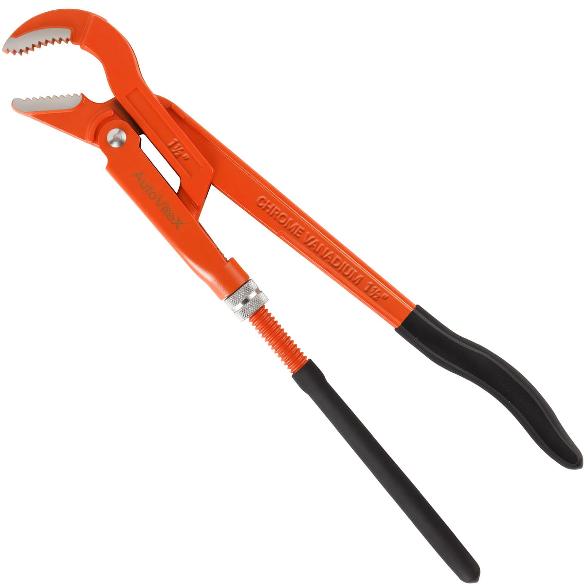 AutoViteX 17-Inch Swedish Pipe Wrench front view showcases durable Cr-V steel construction.
