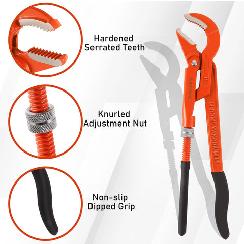 AutoViteX 45-degree angled jaws grip round pipes and fittings firmly.
