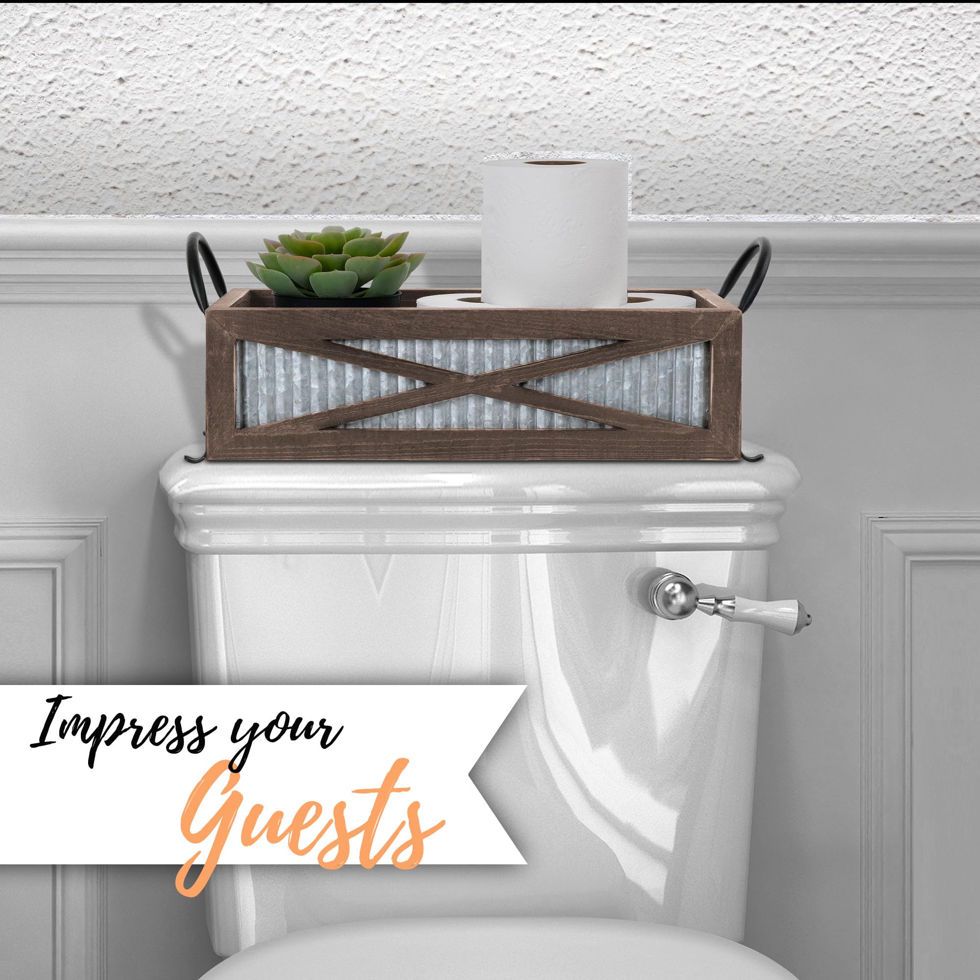Autumn Alley back-of-toilet shelf storing soap and dispensers